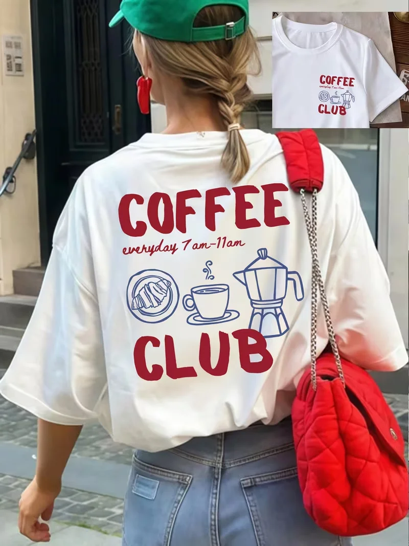 Women's T-shirt with Coffee Club Graphic, Retro Coffee & Breakfast Print Short Sleeve Top, Spring Summer Daily Wear Lady's Tops