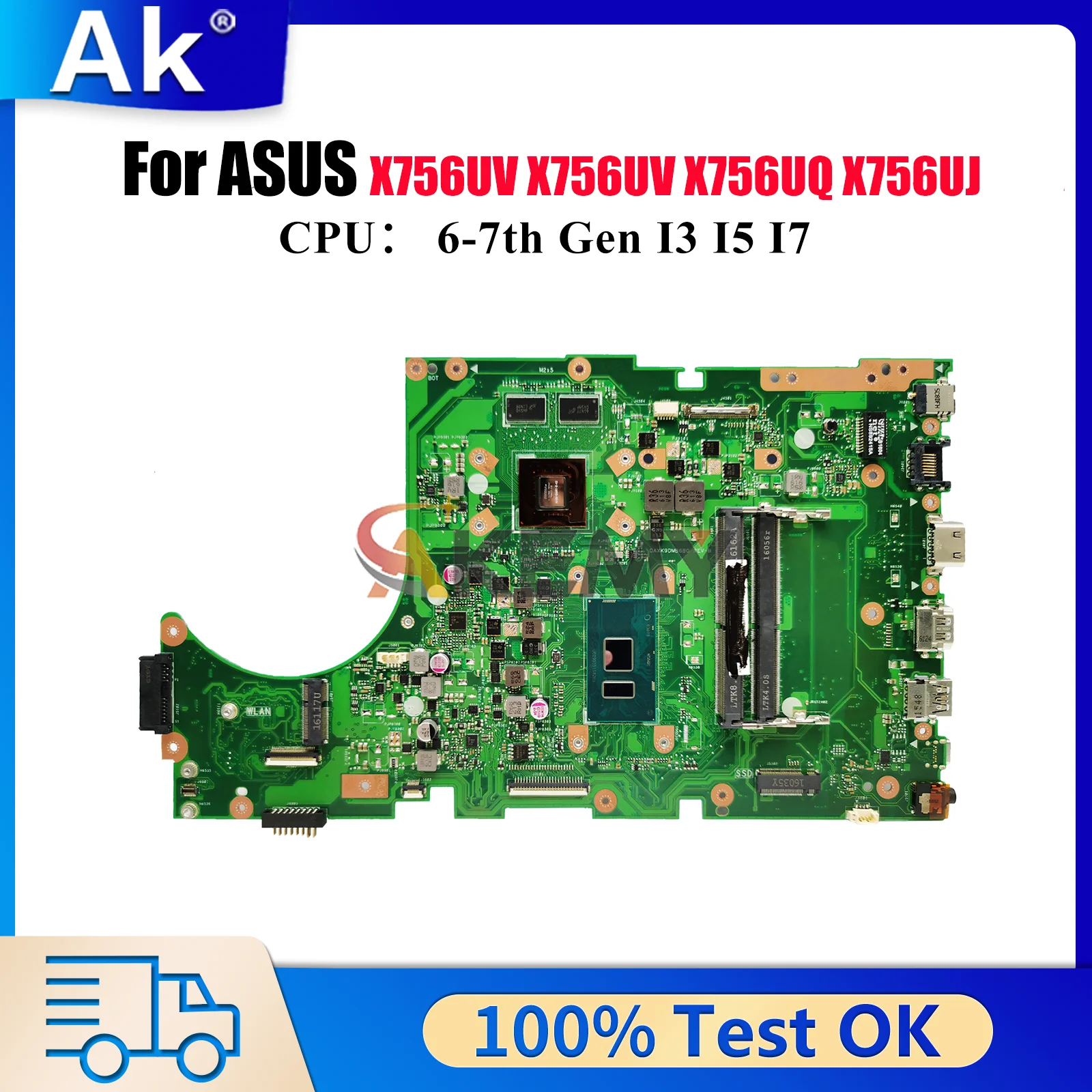 

X756UV Laptop Motherboard For ASUS X756UQ X756U X756UR A756U X756UJ X756UXM X756UQK X756UAK X756UV Mainboard With I3 I5 I7 CPU