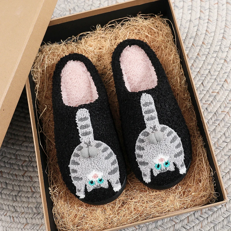 Neuartige 3D-Katzen-Plüsch-Hausschuhe für Damen, lustige Plüsch-Winter-Mules, warme, flauschige Fell-Slides für Mädchen, Unisex, rutschfest – Detail 12