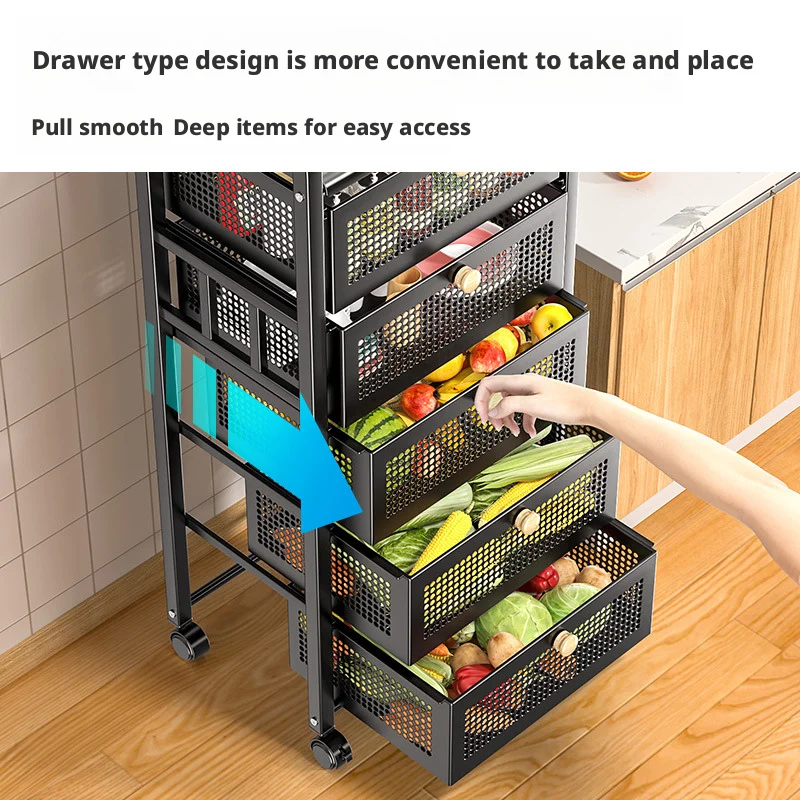 

Drawer Type Kitchen Fruit and Vegetable Storage Rack Floor-standing Multi-layer Mobile Trolley Organizer Drawers Baker's Rack