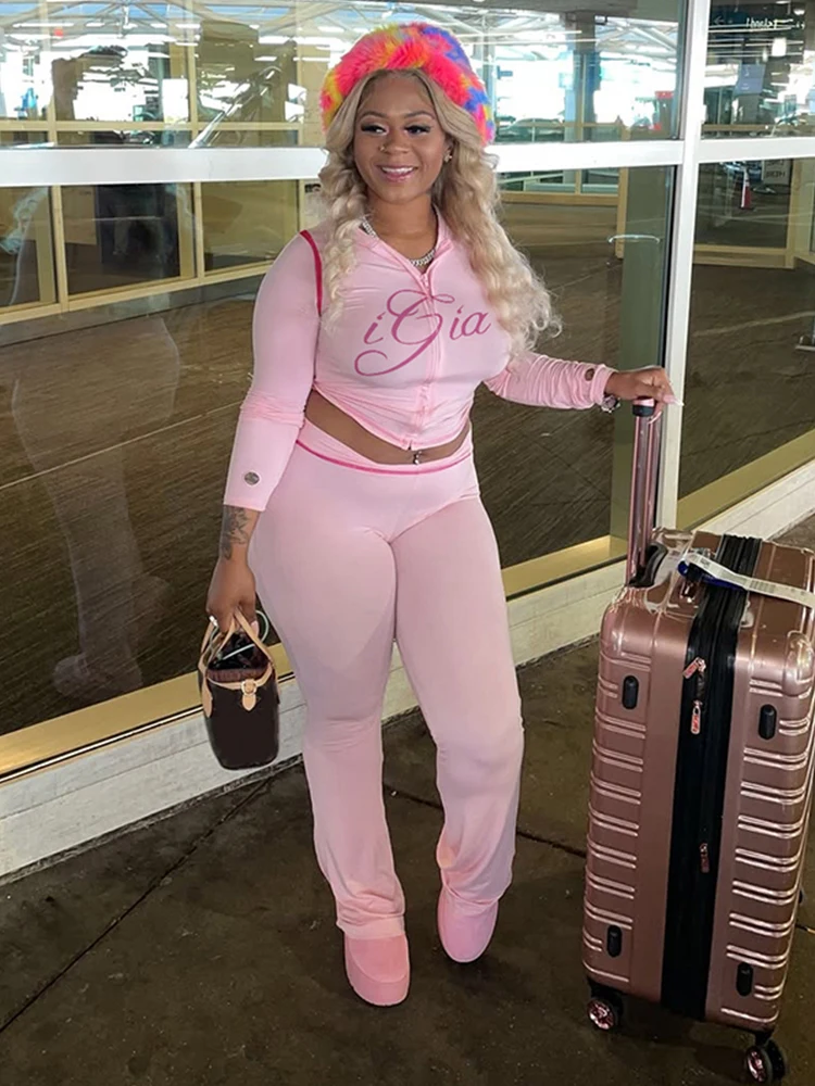 Kliou Letter Print Casual 2 Piece Set Woman Autumn Trend Full Sleeve Hooded Zip Jacket+Straight Trousers Street Fashion Outfits