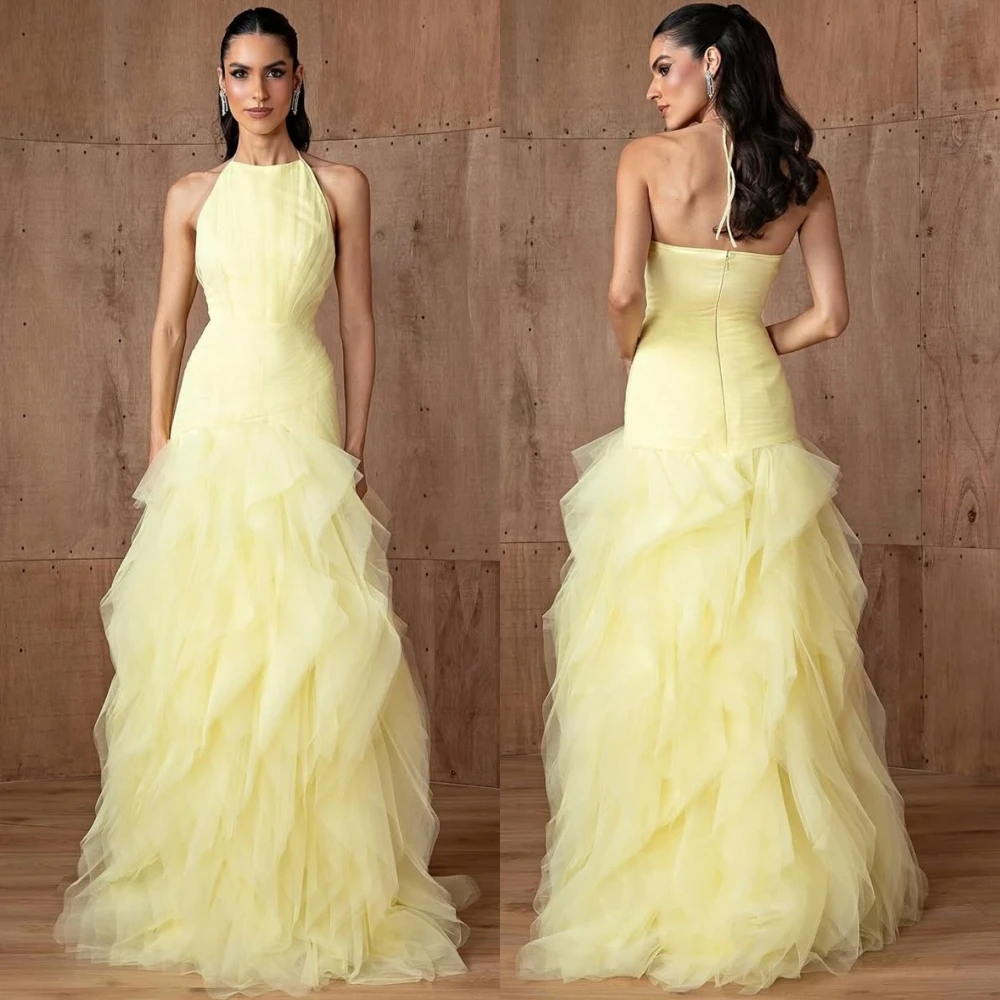 Customized Luxury Tulle Evening Dress Delicate Sleeveless Halter Prom Dresses Temperament Tiered Special Occasion Gowns