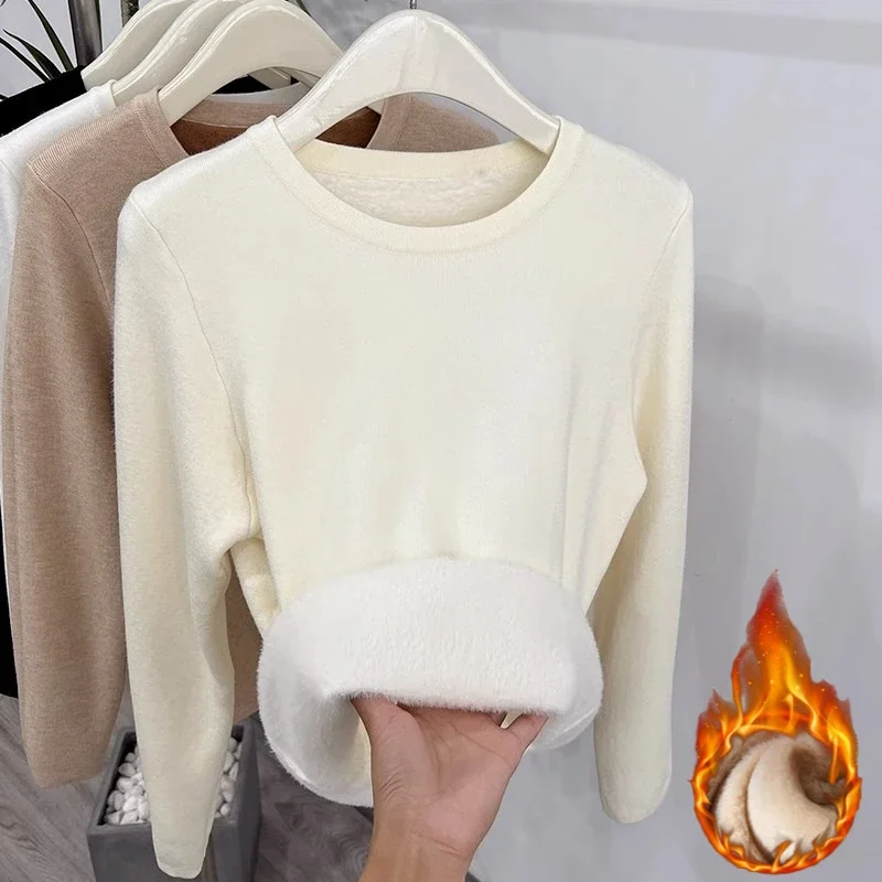 

Casual Solid O-neck Tops Sweater Women Autumn Winter Thick Turtleneck Slim Knit Pullover New Warm Fleece Lined Knitwear Jumper