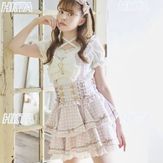 Liz Skirt Japanese Sweet Cute Heavy Industry Print Multi-bow High Waist Plaid Strap Skirt Women Kawaii Girls Pleated Skirt