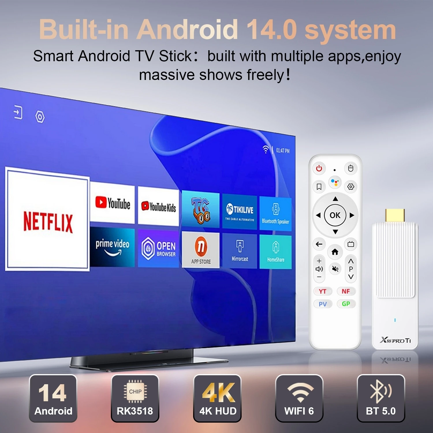 Nuovo X88 Android TV Stick 4K Rockchip RK3518 Android 14.0 Lettore multimediale WIFI6 BT5.0 Telecomando vocale Netflix Google Smart TV