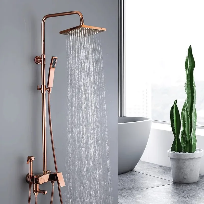 

Rose Gold Rainfall Shower Sets Bathroom Shower Faucet With Tub Faucet Brass Bath & Shower Set Bathtub