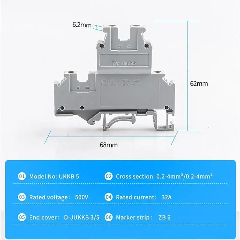 Din Rail Terminal Block 10Pcs UKKB-5 Connector Double Layer Screw Wiring UKKB5 Screw Terminal Block 2 Level Wire Conductor