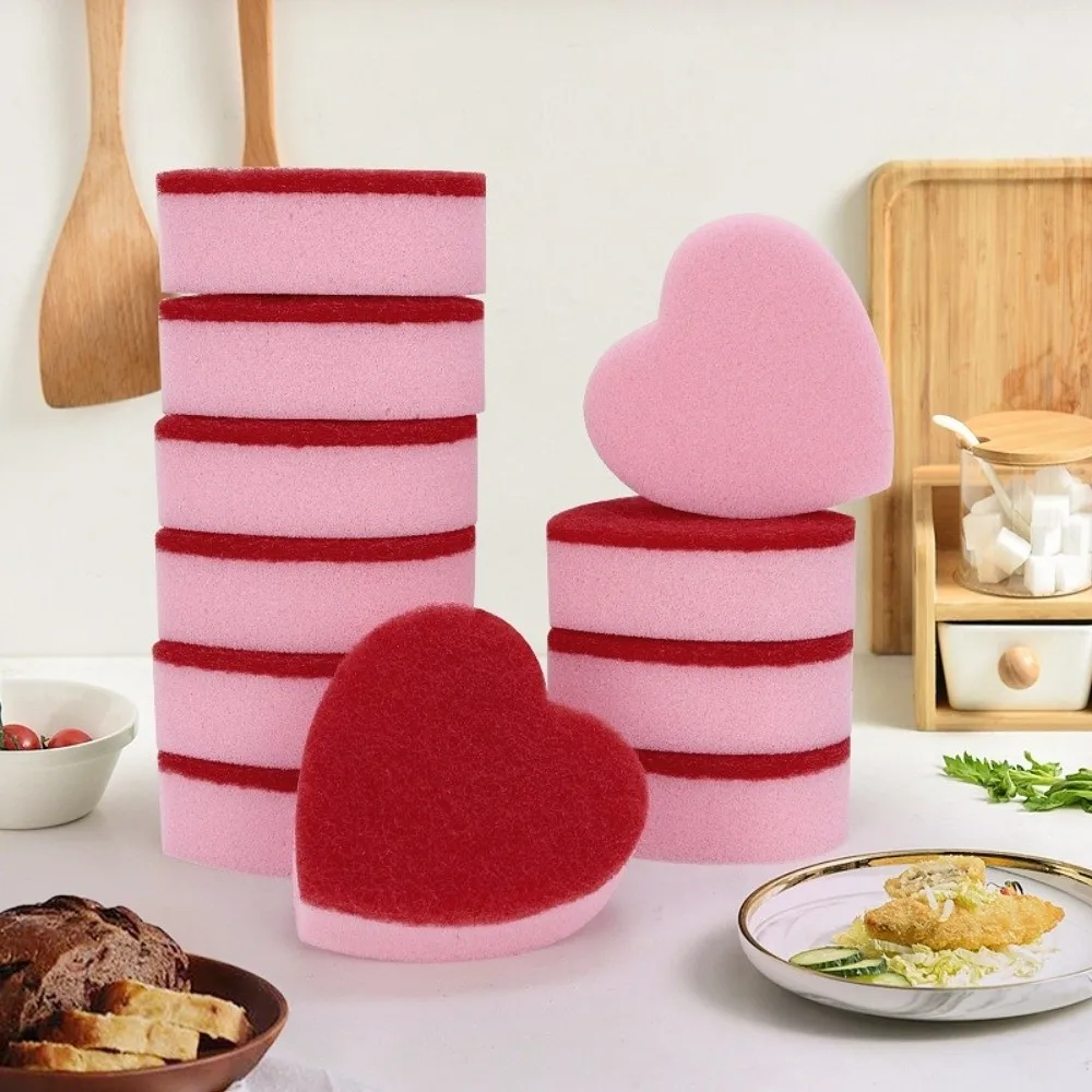 3/5/10pcs Heart Shaped Kitchen Scrub Sponges Durable Non-Scratch Surface Cleaning Pads Effortless Cleaning Absorbent