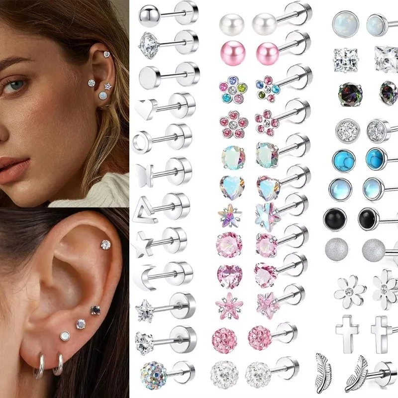 1 Pair Stainless Steel Hypoallergenic Round Zircon Tragus Cartilage Ear Piercing Opal Heart Flatback Stud Earrings Jewelry