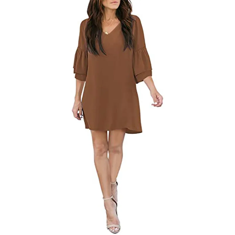 V-Neck Flared Mid Sleeved Dress, Elegant Women's Summer Casual Loose Fit Large A-Line Skirt