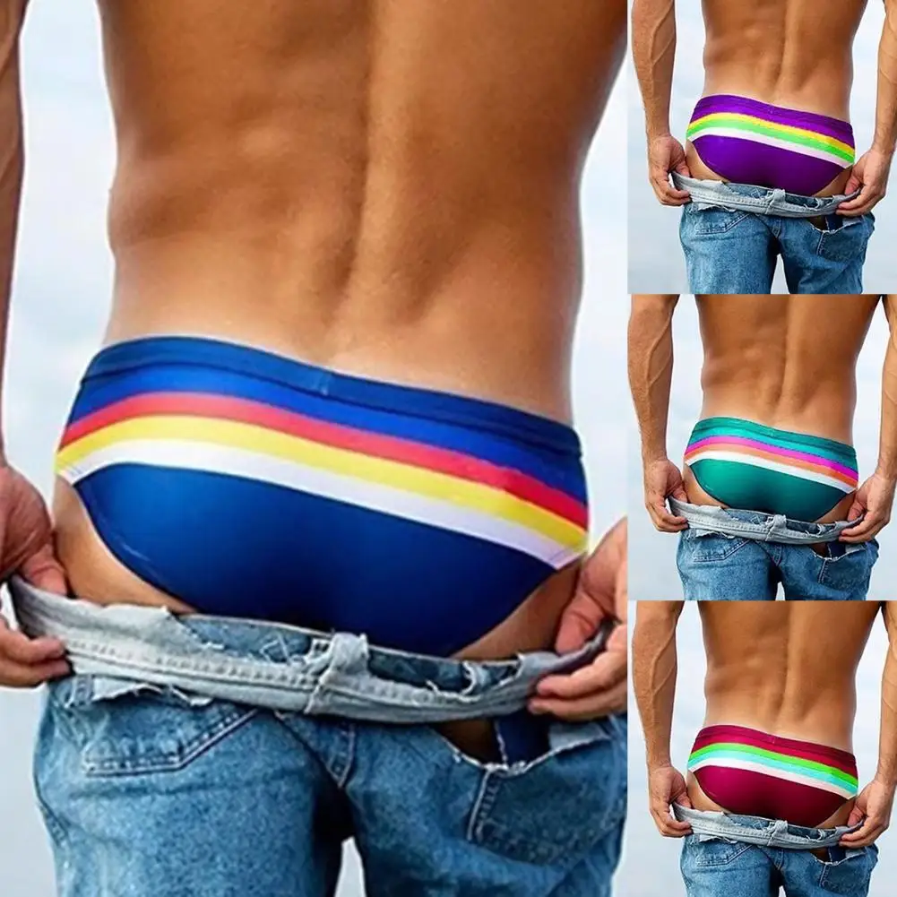 Men Swimming Trunks Striped Pattern Swimming Briefs Quick Dry Sexy Low Waist Surf Swim Trunks Triangular Swimwear Bathing Trunks