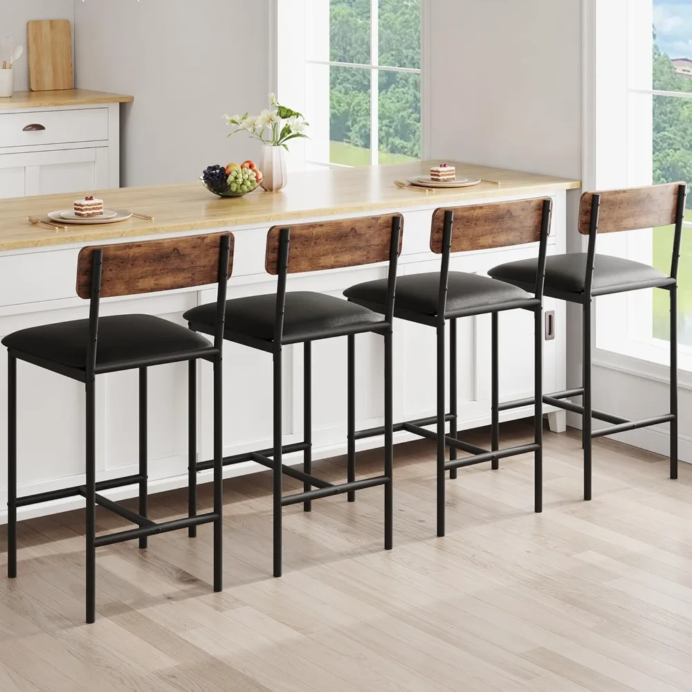 

Bar Stools Set of 4, Upholstered Counter Height Bar Stools with Backrest and Footrest, Kitchen Barstools for Island, Counter Ba