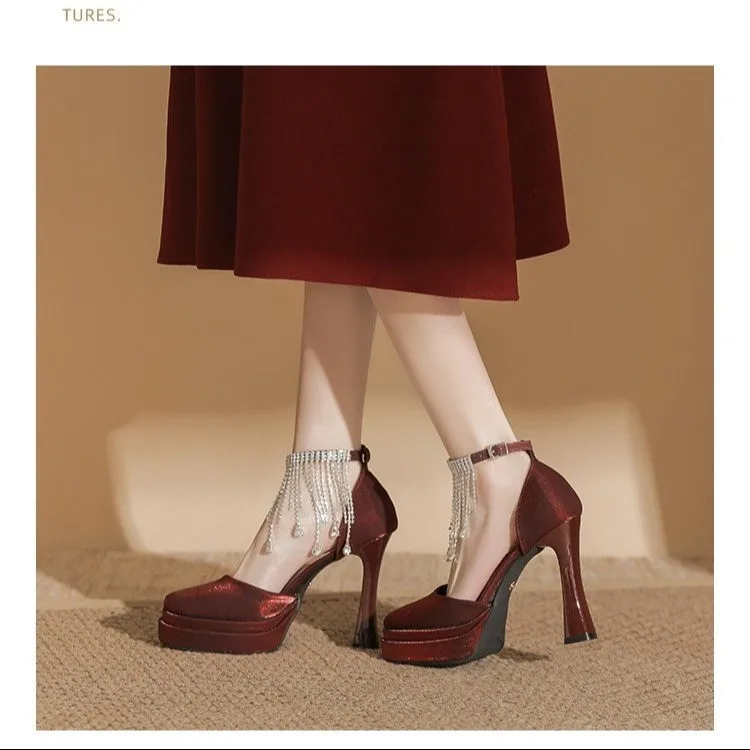 Mary Jane Waterproof Platform High Heels Wedding Bridal Shoes Chunky Heel Thick-soled Engagement Crystal Shoes New Chinese Style