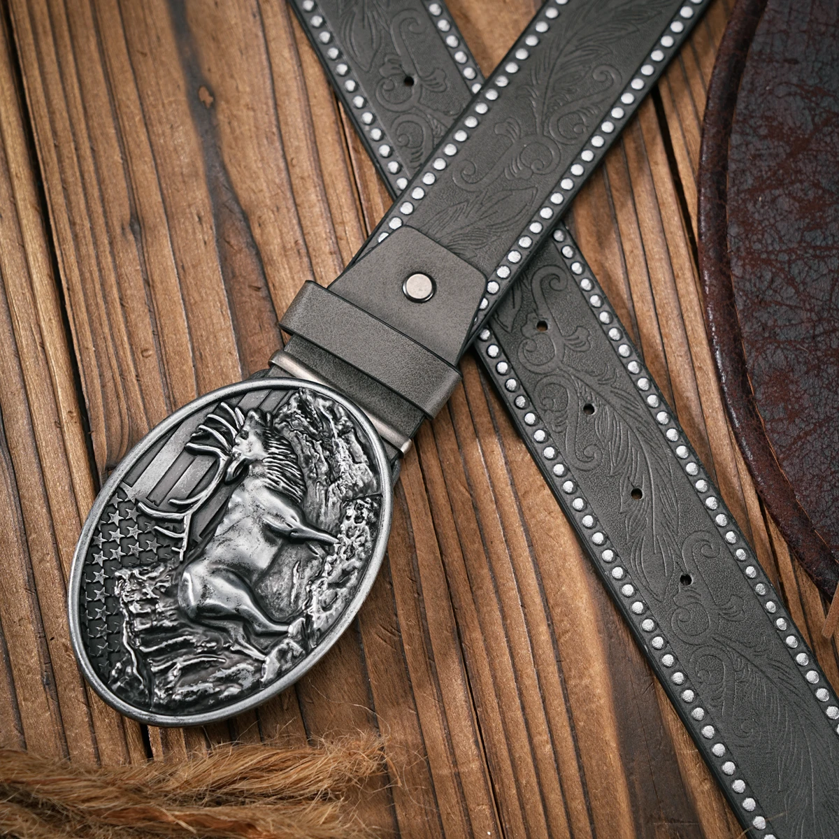 Herren - Damen - Western-Denim - PU-Leder - Gürtel - Vintage-Jeans mit geschnitzter Schnalle – Detail 20