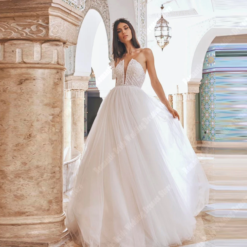 

Elegant V-Neck Women Wedding Dresses Sexy A-Line Tulle Bride Gowns Mopping Length Engagement Banquet Vestido De Novia Customized