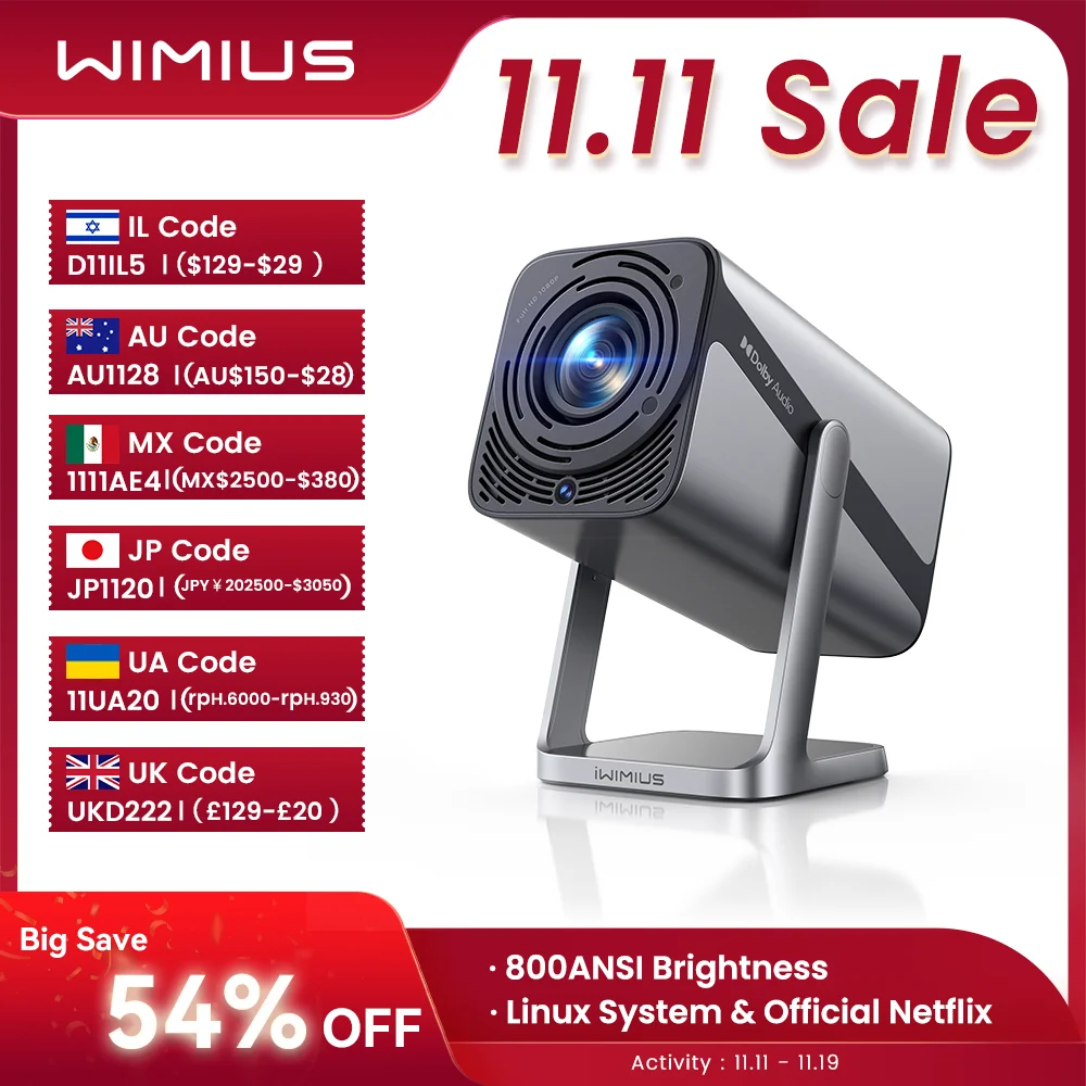 IWIMIUS 4k Projector Official Netflix 800ANSI Auto Focus/Keystone FHD 1080p WIFI 6 Bluetooth5.2 Dolby 360° Rotate Home Theater