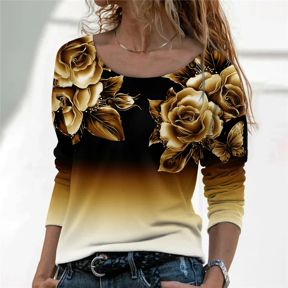 Purple Rose Flower Print Shirts For Women 2023 New Spring Blouses Fashion Gradient Long Sleeve Loose Shirts Femme Casual Tops