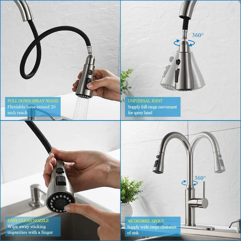 Kitchen Faucet, Pull-down Sprayer - Brushed Nickel Kitchen Sink Faucet 1/3 Hole Single Handle High Arc Stainless Steel