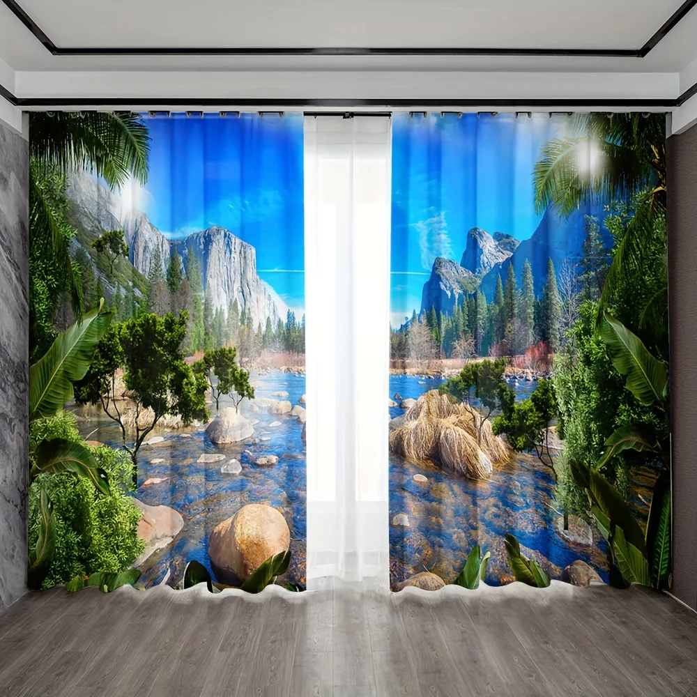 

2pcs Beautiful Landscape Printed Curtain Semi-Blackout Privacy Window Drapes Set Rod Pocket Window Treatments For Bedroom Home