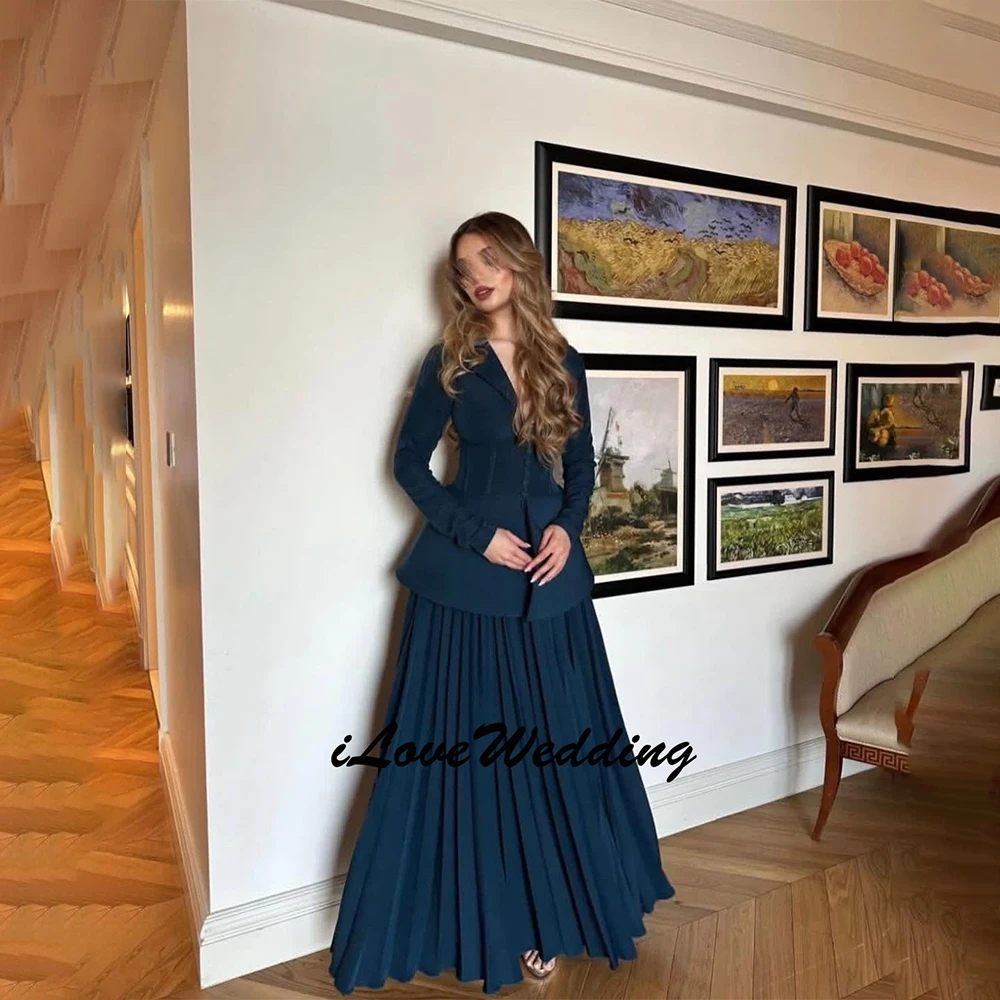 

Индивидуальное шифоновое синее вечернее платье с V-образным вырезом, элегантное плиссированное романтическое платье с пуговицами, официальное платье для женщин 2026