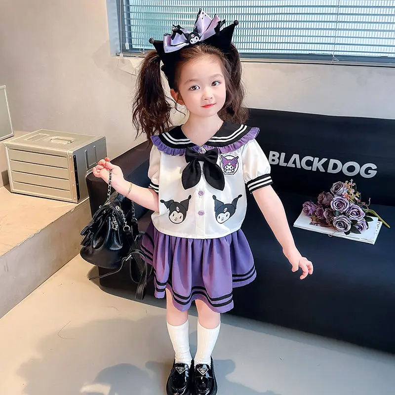 

Girly Heart Kawaii Sanrio Kuromi Anime Summer Shirt Dress Set 2024 New Cute Children Jk Skirt Two-piece Clothing Gifts for Kids