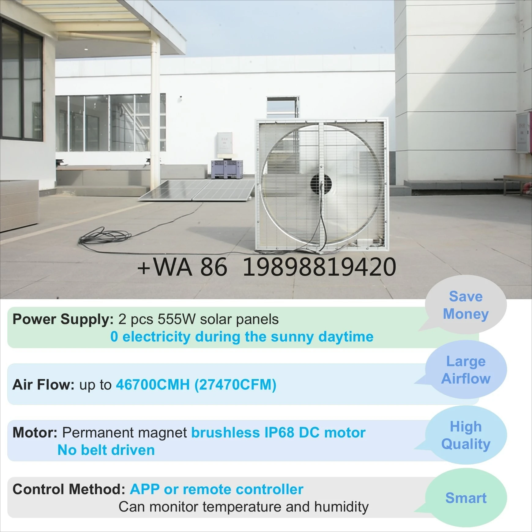 Big Solar Power Wall Mounted Exhaust Fan Industrial Greenhouse Poultry Farm Air Cooling Ventilation Fan With 555W Panel