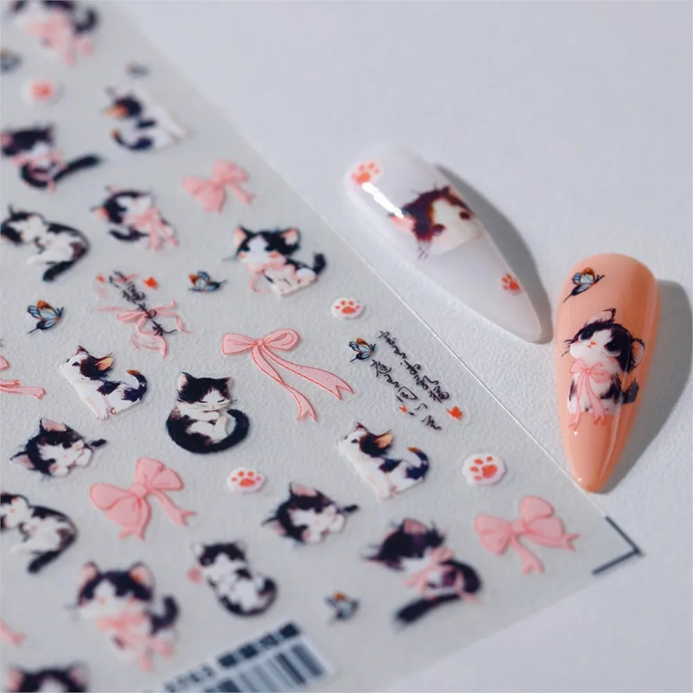 5D Cute Cartoon Cat & Butterfly Nail Stickers Self Adhesive Lovely Kitten Pink Bow Nail Art Decals Playful Cat Manicure Slider #
