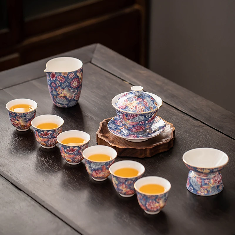 Enamel color, ceramic tea set, one pot, six cup set