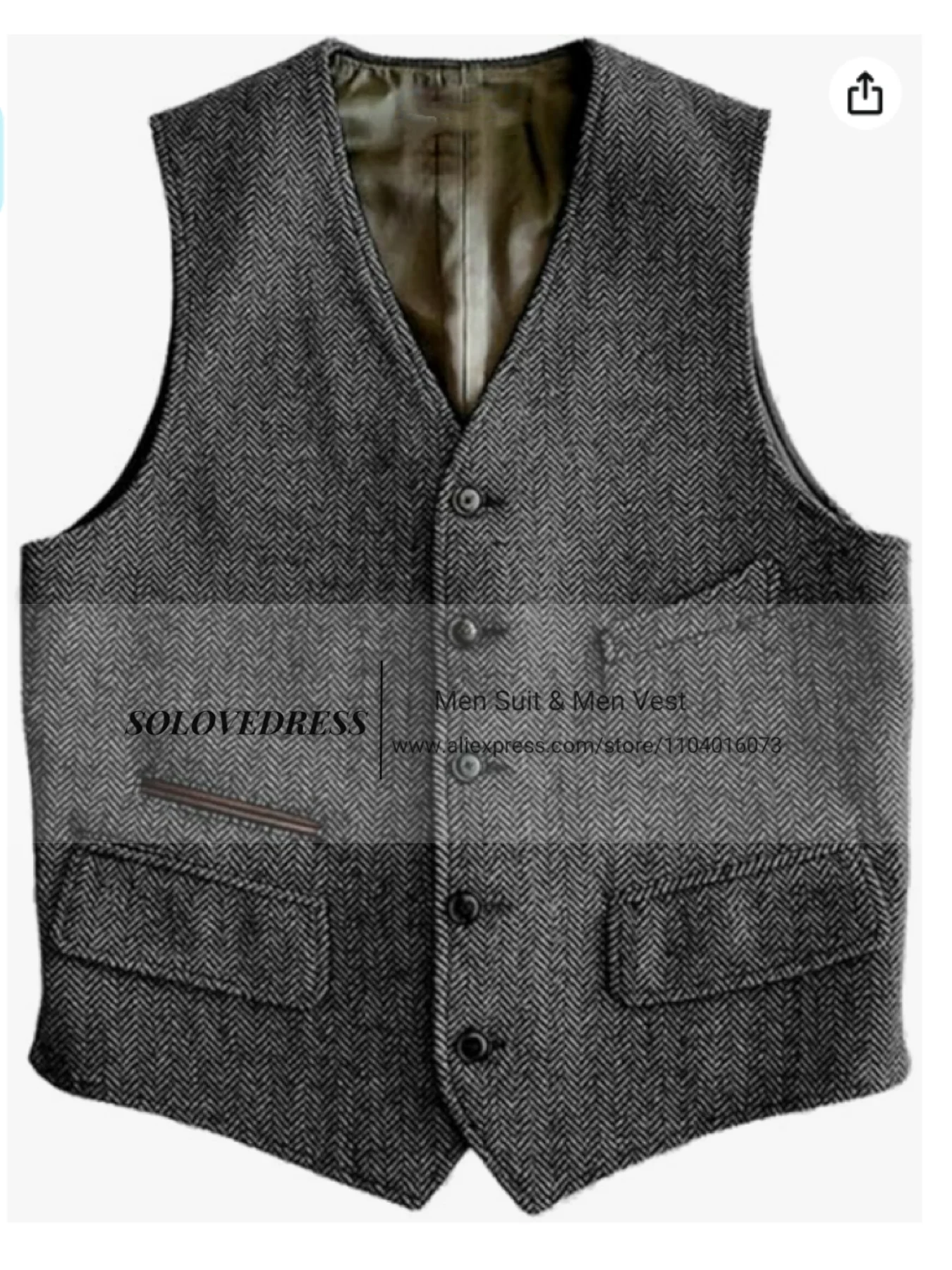 Men's Vest Slim Fit Suits Vest Herringbone Tweed Notch Lapel Wool Business Casual Waistcoat Grossmen For Wedding