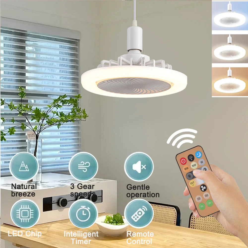 Luz de ventilador de techo con Control remoto, temporizador multifuncional, redondo, moderno, infinitamente regulable, desmontable, E27 para dormitorios