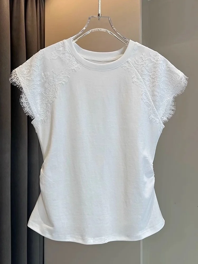 

Faionable Lace Splice ort Sve T-irt Women's Slimming Waist Design Summer 2025 Korean Sle Casual Loose Fit Top