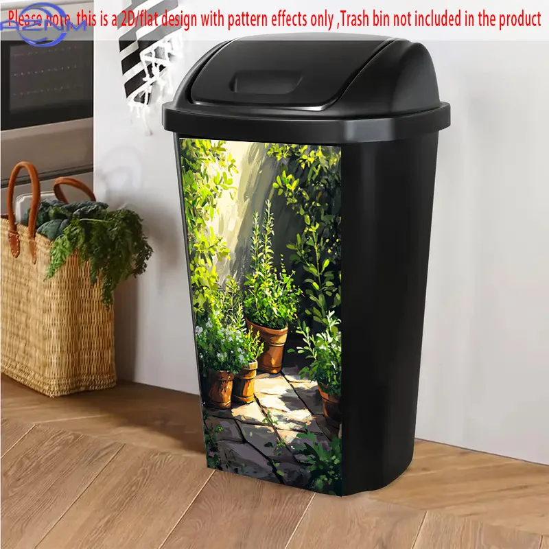 Trash Can Sticker - Potted Plants in Sunlight Pattern Greenery-Themed PVC Self-Adhesive Decal for Trash Cans, Walls, Kitchen D