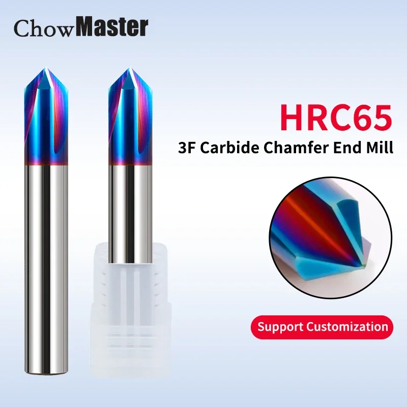 Chowmaster HRC65 Carbide Chamfering Cutter 3 Flute 60 90 120 Degree Blue Nano Coating Chamfer Milling Cutter Deburring Tools