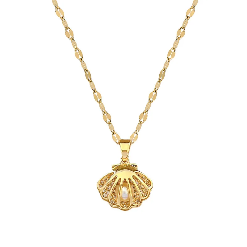 Unique Titanium Steel Inlaid Shell Pearl Necklace with Zirconia Pendant