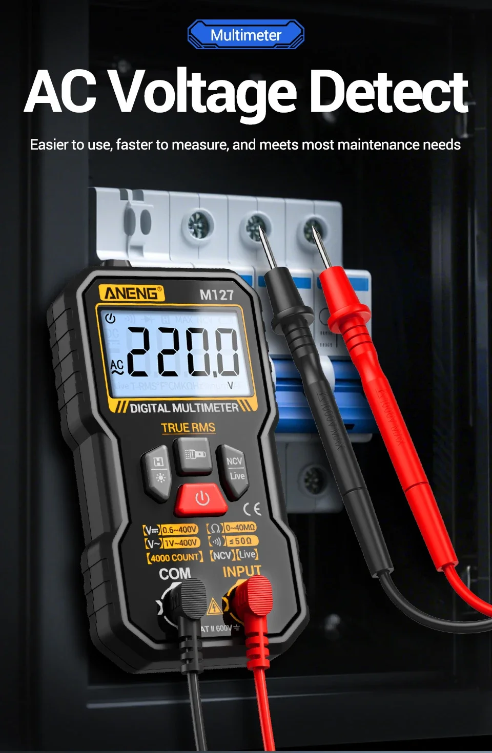 Tragbarer Mini-Multimeter-Tester ANENG M127 400 V AC/DC-Spannungswiderstand NCV-Erkennung 40 Mohm Ohmmeter Null-Feuer-Detektor-Werkzeuge – Detail 3
