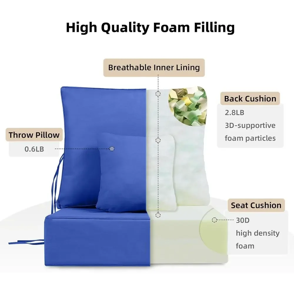 6 Thick Outdoor Chair Cushions, 24x24 Deep Seat Set with Back & Pillow, Water-Resistant, Blue