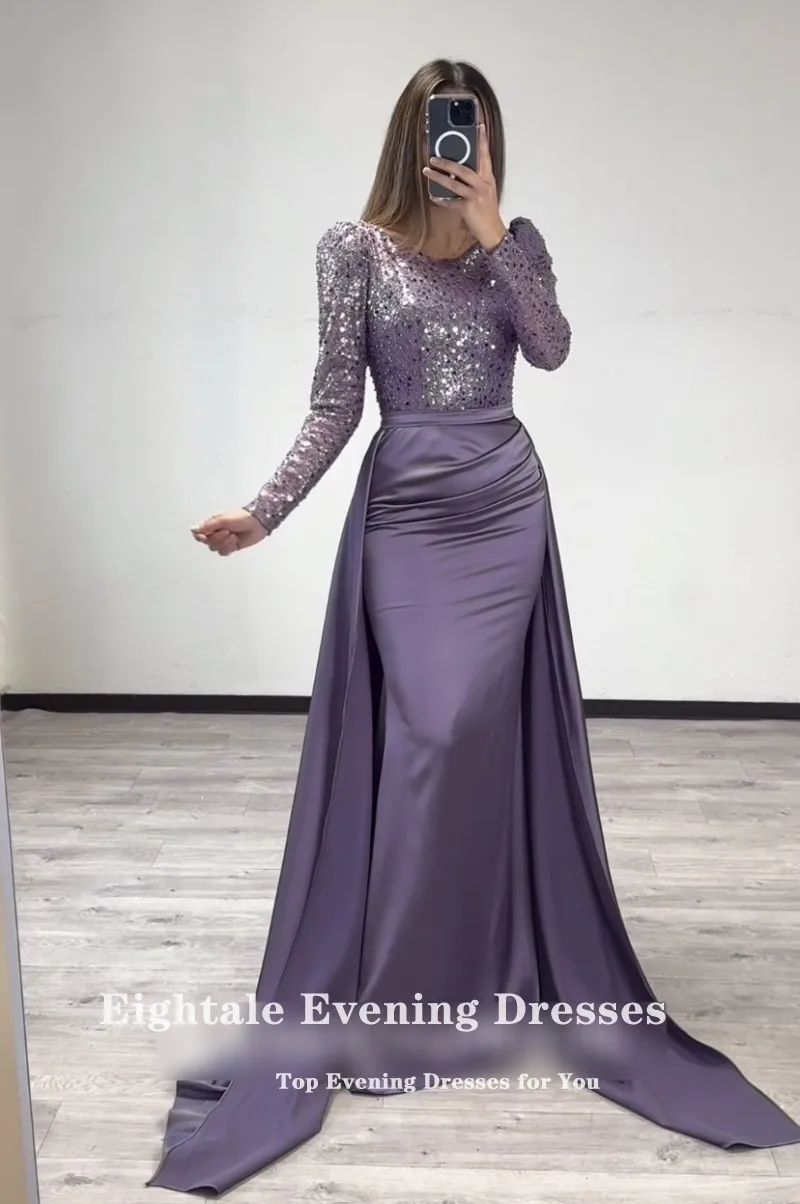 Eightale Sparkly Evening Dress with Detachable Skirt Long Sleeves Customized Mermaid Prom Party Gowns robe de soirée femme