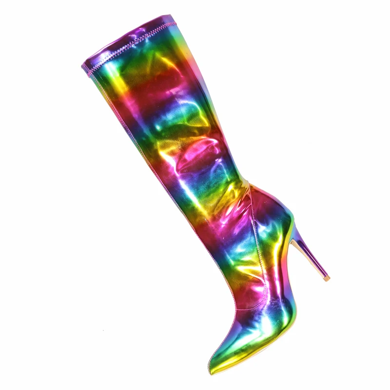 Sexy Gradient Rainbow Shiny Leather 12cm Thin High Heel Knee Boots Pointed Toe Zipper Side Women Colorful Boots