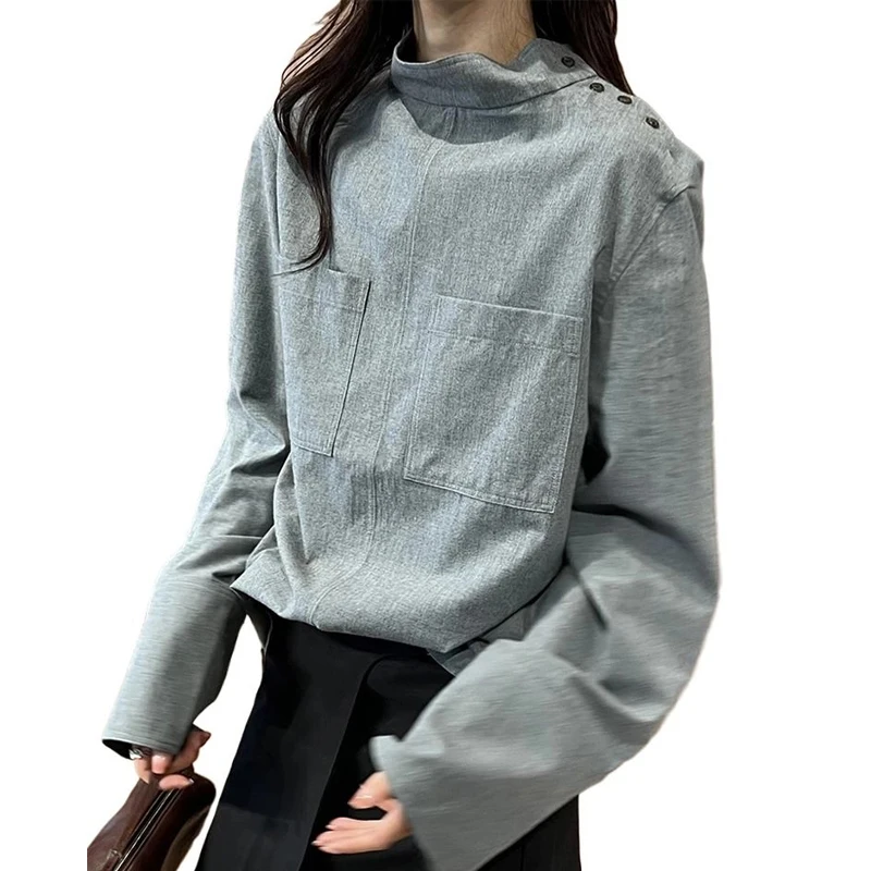 spring autumn newSolid color stand collar Long Sleeve fashion blouse women High street Casual Pockets patchwork Button Pullovers