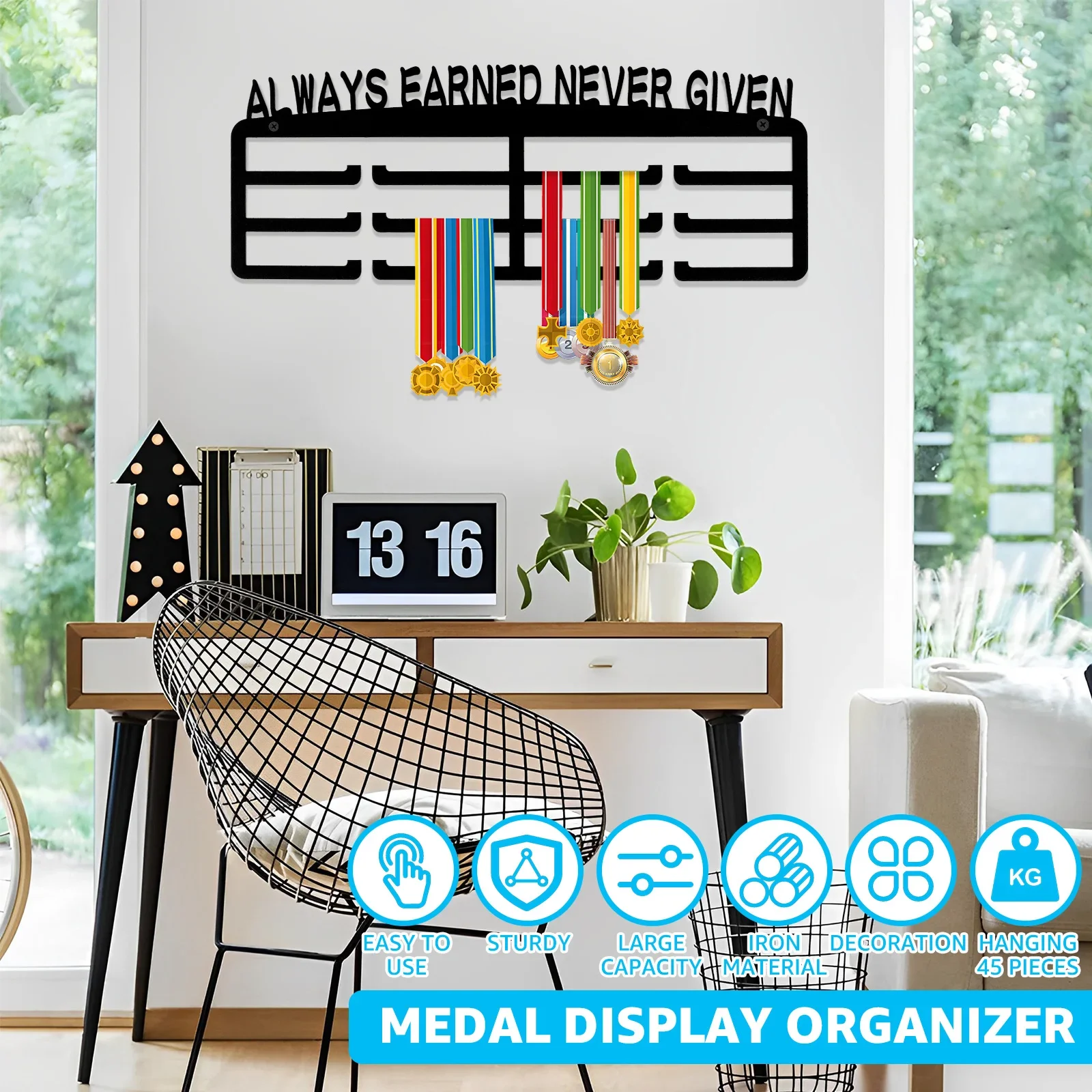 Medal Display Hanger Wall Mounted Iron Medal Display Rack Decorative Medal Holder with Inspirational Words For 30-45 Medals