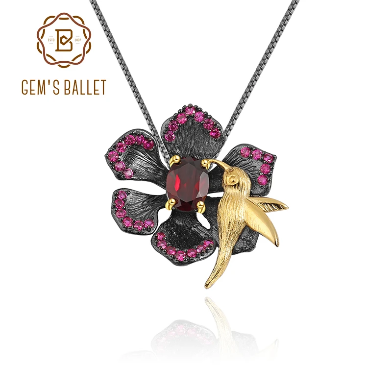 GEM'S BALLET 925 Sterling Silver Necklace Natural Red Garnet Gemstone Handmade Statement Flower Bird Brooch Pendant For Women