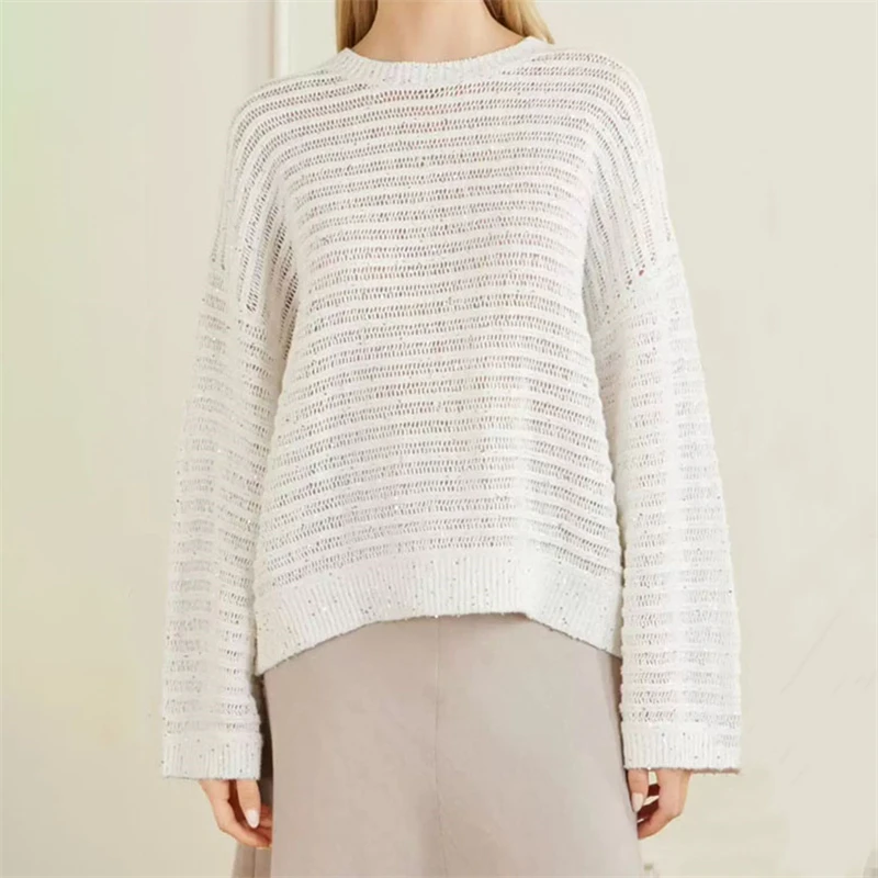 

High-Quality Women's round Neck Striped Hollow Shiny Thread Long Sleeve Pullover Loose Knitted Top Fashionable Casual Autumn New