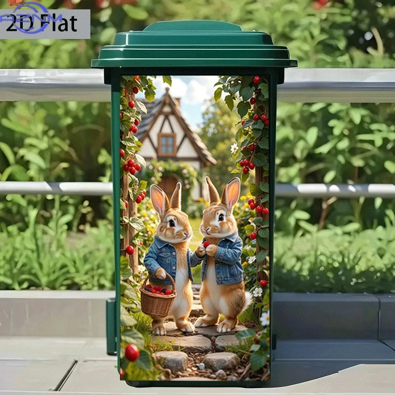 [2D Flat Printing]1pc Trash Can Sticker[Title Translated, Do Not Change] Double Rabbit Fruit Picking Theme Design Wall Sticker