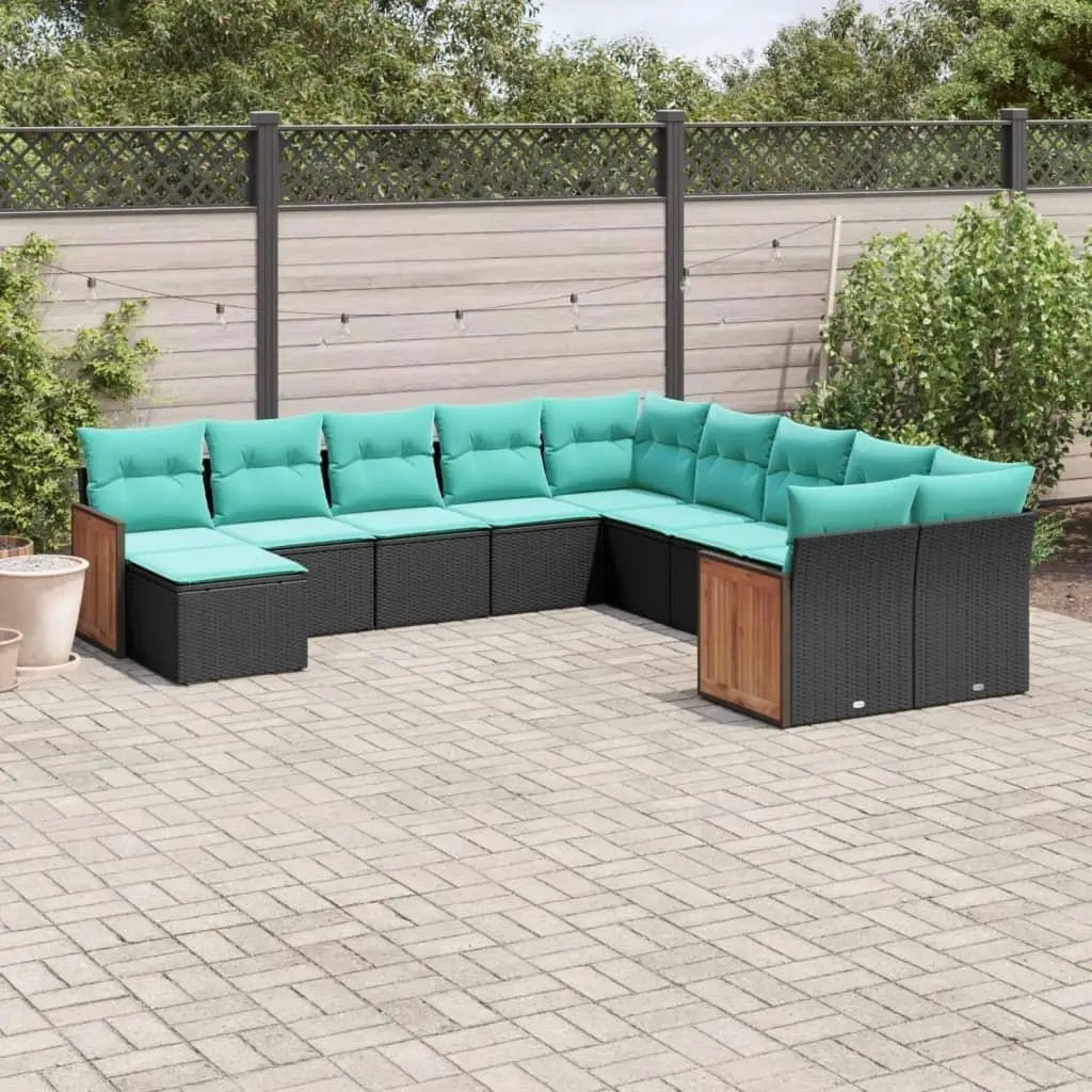 11-Piece Black Poly Rattan Patio Sofa Set with Cushions - Stylish Outdoor Furniture