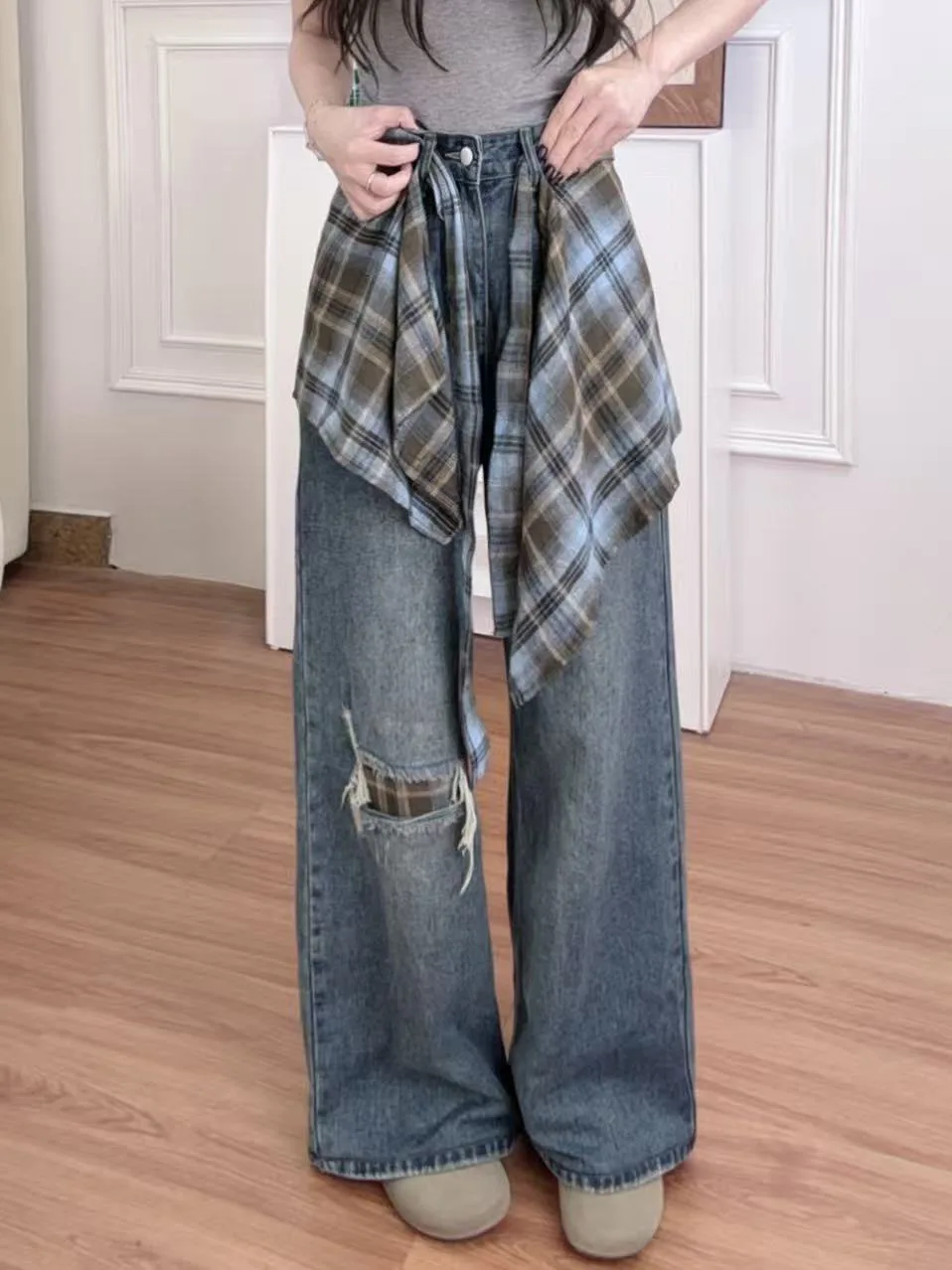 

Старые рваные женские джинсы с карманами на молнии, прямые широкие свободные брюки, весна-лето 2024, уличные праздничные женские брюки