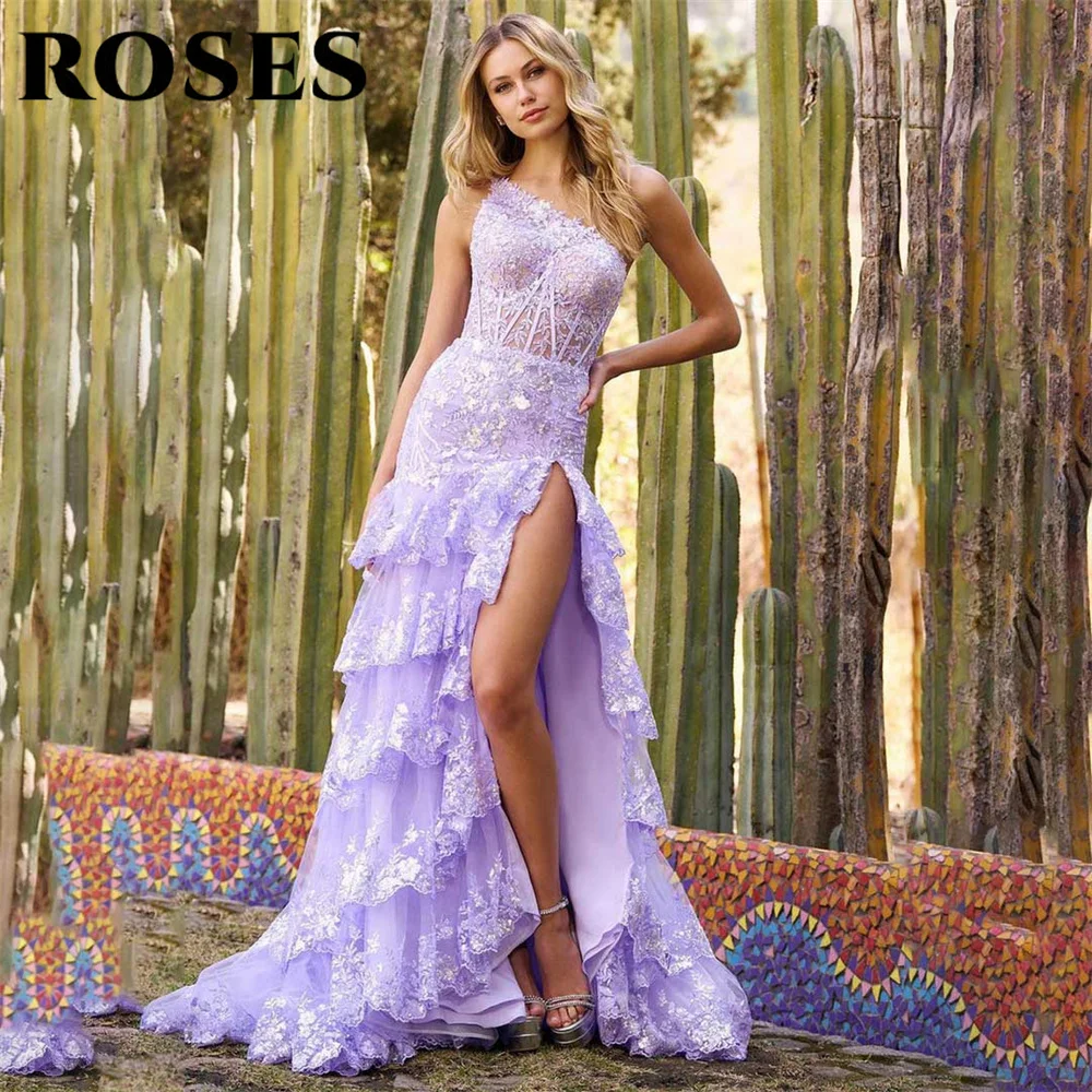 

ROSES Simple Purple Evening Dress One Shoulder Tulle A-Line Long Tiered Prom Dress with Pleats Sleeveless 프롬드레스 Slit Party Dress