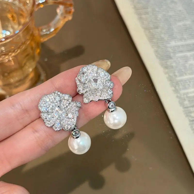 925 sterling silver super fairy full diamond three-dimensional flower earrings, women's pearl French retro high-end earrings