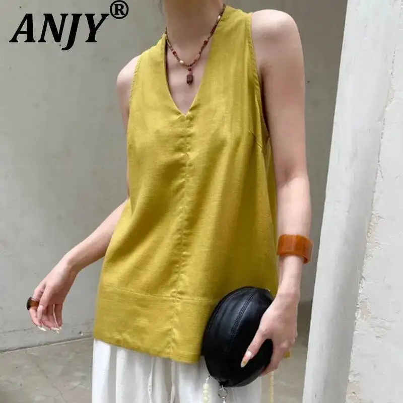 

ANJY Summer New Women High-End Halter V-Neck Loose Casual Sleeveless Tank Top Elegant Trendy High Street Solid Color Vest A24244
