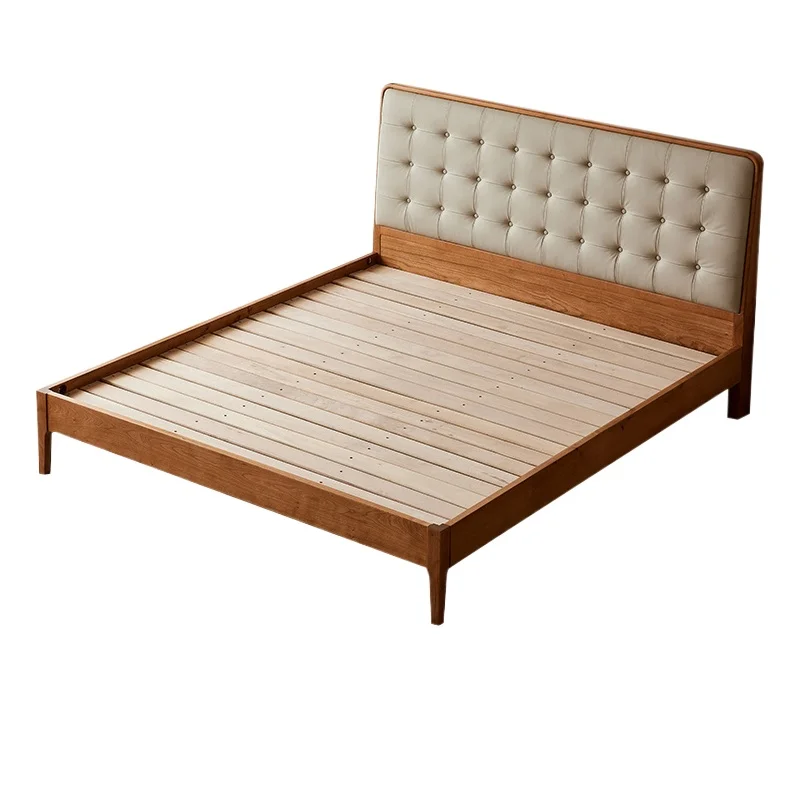 

Nordic style leather bed high back log double bed cherry wood solid wood master bedroom modern simple wedding bed