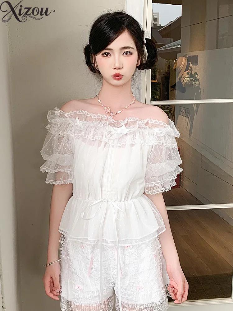 

2025 Summer French Japanese Lolita Inner Shirt Short Sleeve Bubble Puff Sleeve Bow Lace Ruffles Neck Off Shoulder Kawaii Blouse